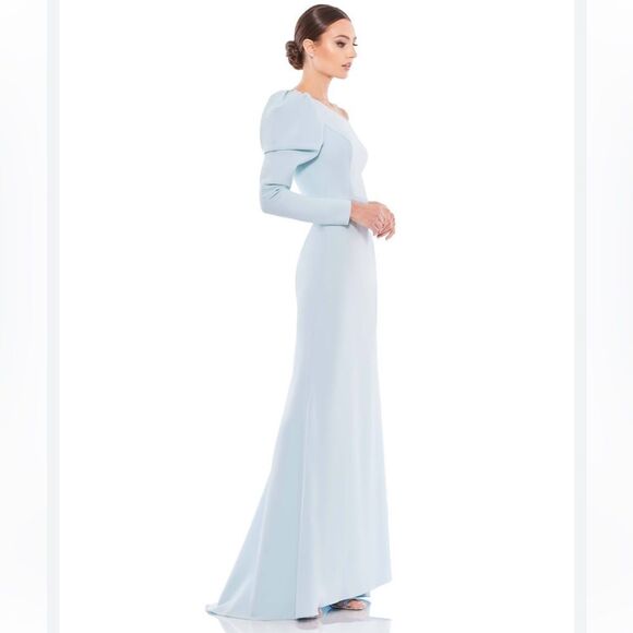 Mac Duggal 70149 One Shoulder Long Sleeve Jersey formal Gown 2  Blue NWT $398 - Picture 5 of 6
